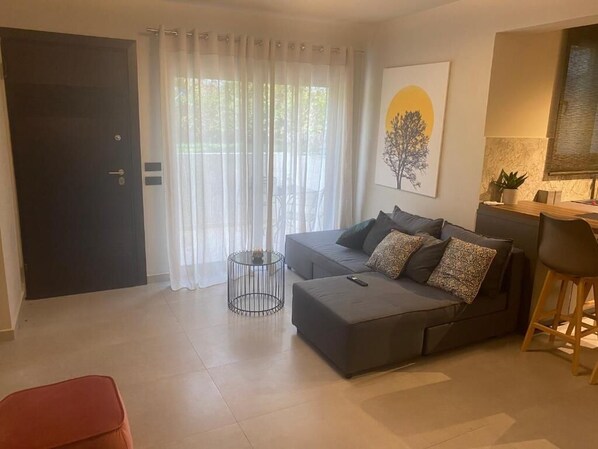 Living room with a sofa bed.