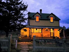 Front of home with Christmas decor 