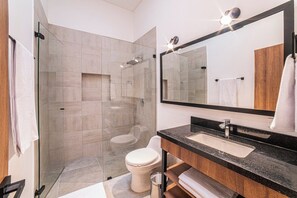 Bright master bathroom with plenty of space.