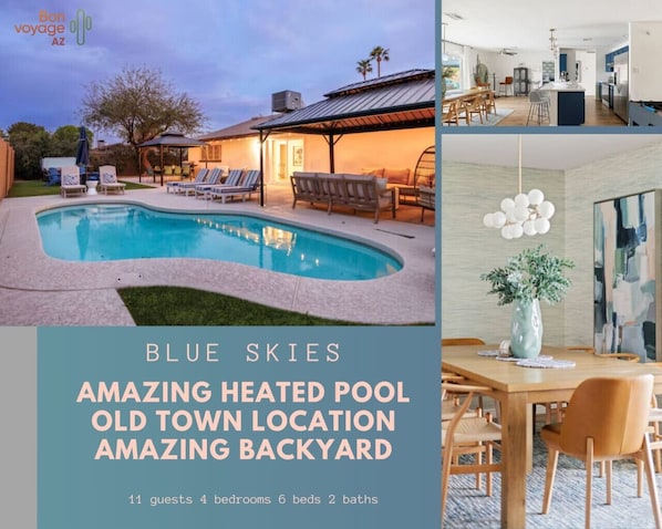 Welcome to Blue Skies, your ultimate desert retreat! This stunning getaway boasts a spacious private backyard featuring a **heated pool, hot tub, firepit, and ample seating with 8 lounge chaises, there’s plenty of space to soak up the sun!