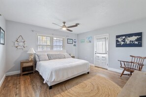 Cozy master bedroom with King bed and ceiling fan. Plenty of closet space 