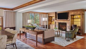 Lounge area complete with a cozy fireplace