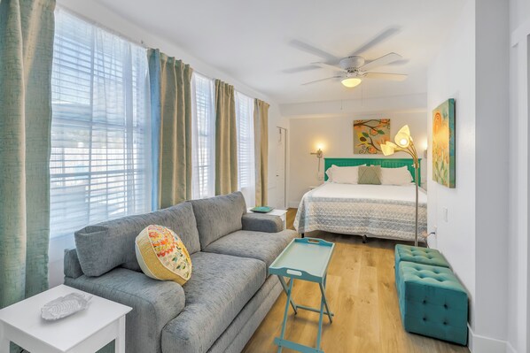 Unwind in this stylish studio after your Beach adventures.