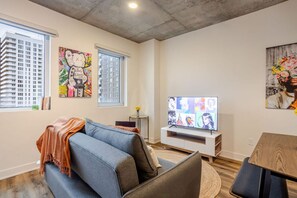 Sleek and compact setup with bold wall art