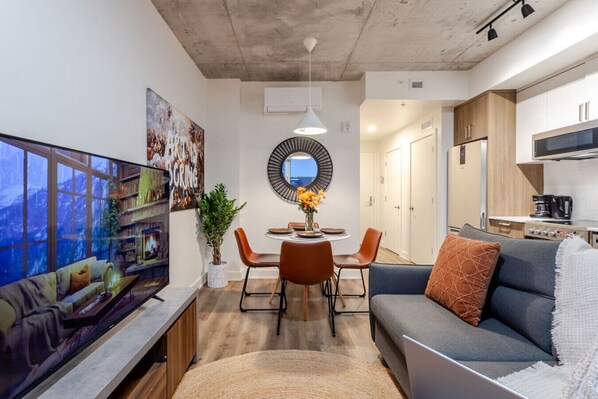 Living room with warm lighting and stylish accents