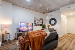 Inviting setup with plush throw and ambient light