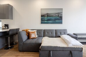 The convertible sofa bed offers extra sleeping space in a warm, inviting living area
