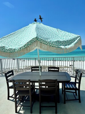 The deck is such a magical place~sunbath,eat,watch the sunrise/sunset +pelicans