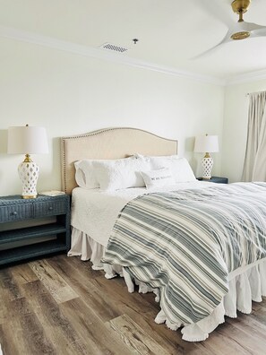 Master with all new bedding, mattress, & furniture plus new fan too!