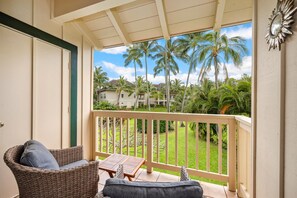 Master lanai with greenbelt views. Private spot to enjoy a morning cup of coffee