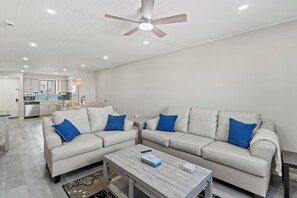 Living room with kitchen and entrance 