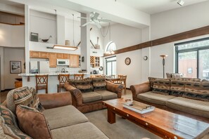Living Room, Wood Burning Fireplace, Smart TV with Cable and Streaming