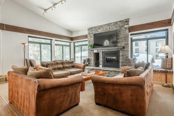 Living Room, Wood Burning Fireplace, Smart TV with Cable and Streaming