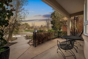 The front patio is a great place to have a morning coffee. The park is directly across the street.