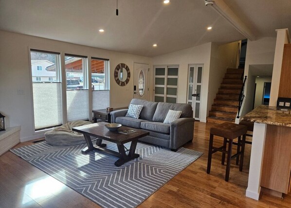 Living Room with full size sofa bed.