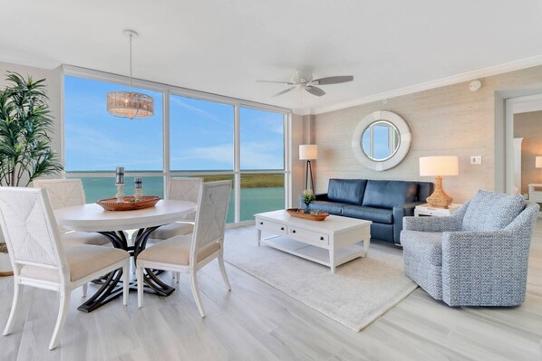 Stunning vistas everywhere you look in this beautifully remodeled 12th floor Bay-front condo at the highly desired Lovers Key Resort.