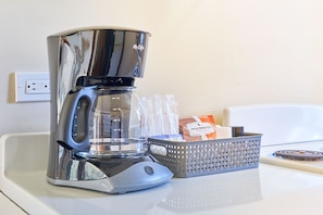 Start your day with fresh coffee—coffee maker and essentials provided.