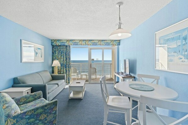 The ocean front living room is fabulous for movie night with the family.