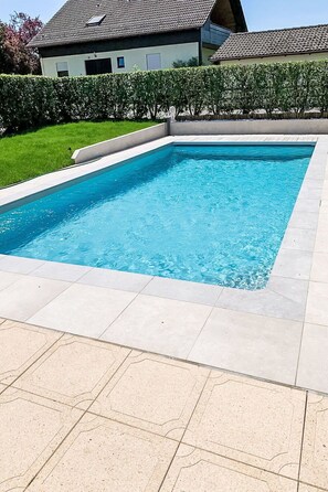 Blue, Swimming Pool, Flooring, Floor, Composite Material, Leisure, Tile, Concrete, Garden, Landscaping