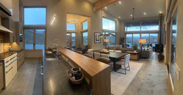 Living room, entry and island looking west