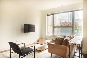 Living room with dedicated workspace