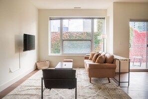 Living room with dedicated workspace