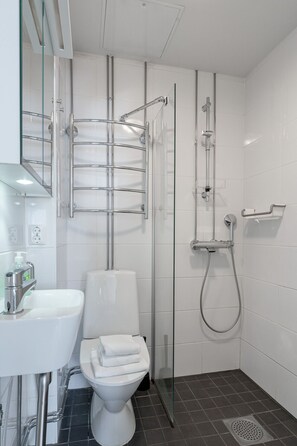 Apartment bathroom. There is a laundry room in the building.