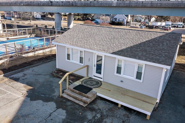 Front of cottage, view from above
