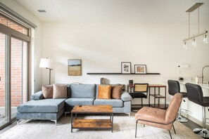 Comfortable living area with flexible seating and workspaces