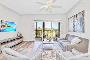Bright and inviting living area with smart TV
