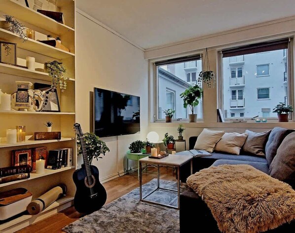 Smart TV, plants, books, guitar, and a cozy atmosphere