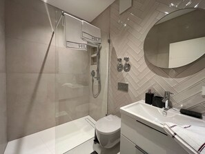 The bathroom with a walk-in shower and heated towel rack.