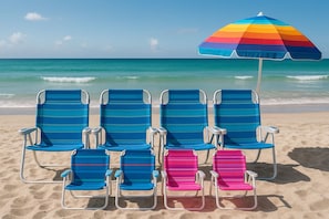 Our home includes 4 adult-sized beach chairs, 4 colorful kids' beach chairs, and a vibrant beach umbrella to keep you cool and comfortable by the ocean. Whether you are building sandcastles, soaking in the sun, or enjoying a seaside picnic, we have got you covered. Just bring your flip-flops and sunscreenโyour relaxing beach getaway awaits!