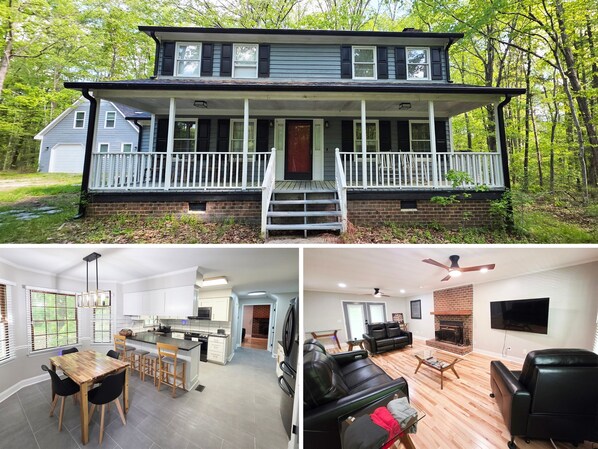 The House @ Pine Forest Hideaway - Collage of Exterior, Dining Room / Kitchen & Livingroom