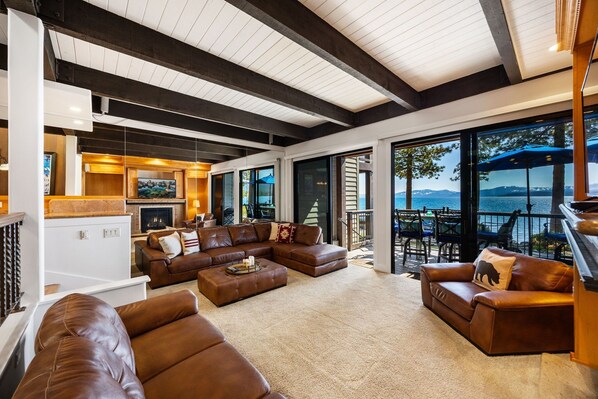 Living room: Main floor, gas fireplace, Smart TV, deck access, radiant heating, no A/C, main floor