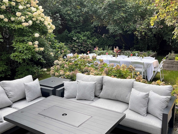 Private back yard seating and fire table