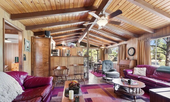 Vaulted ceilings and open floor concept.