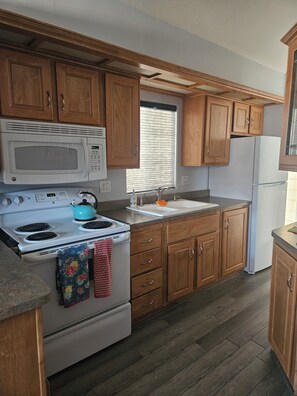 Fullsize stove, microwave, sink and fridge.