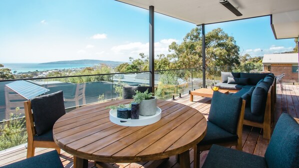 North facing, first floor entertaining with ocean views, incl. ceiling heaters.