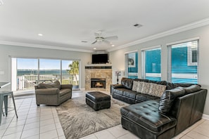 Huge living room with water views