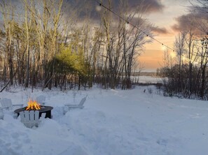The backyard in the winter featuring new string lights!