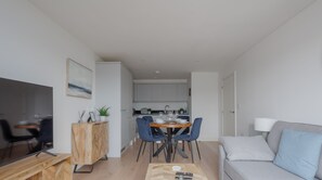 The apartment benefits from an open planned living space