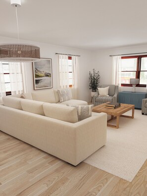 Living/Dining Room with Tempur Pedic Pullout Queen Sofabed and Fireplace