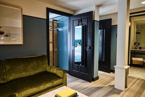 Thoughtfully designed living space, blending modern comfort with vintage-inspired charm.