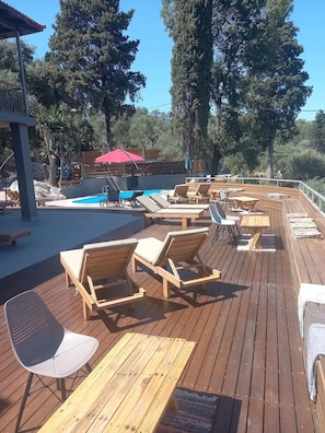 Communal swimming pool with sun loungers