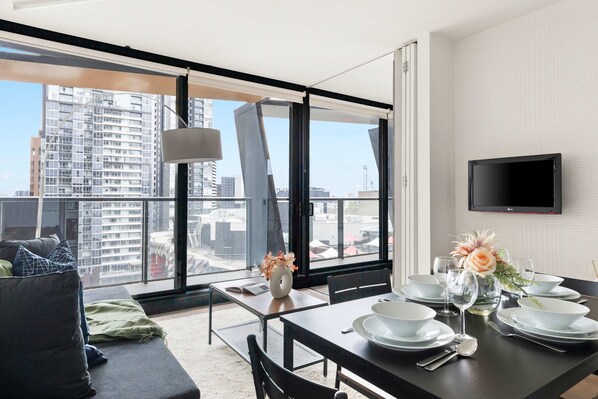The dining area with a view of the city.