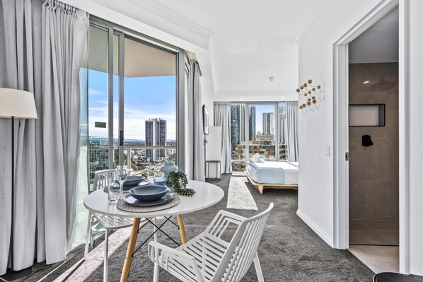 Dining area is right next to the sleeping area and the balcony