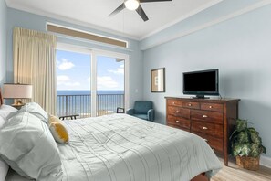 Primary Bedroom with King-Size-Bed, Ocean Views, Balcony Access, Flat Screen TV and Ensuite Bathroom