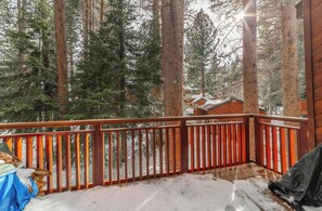 Large private deck overlooking the pine trees.