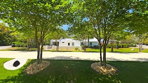 Diagonal driveway in front of enterance.